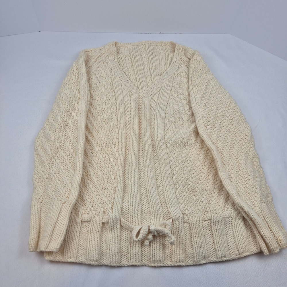 Handmade Knit Sweater M Ivory‎ Cable V Neck Drawstring Hem VTG Y2K Cottagecore - Picture 2 of 12